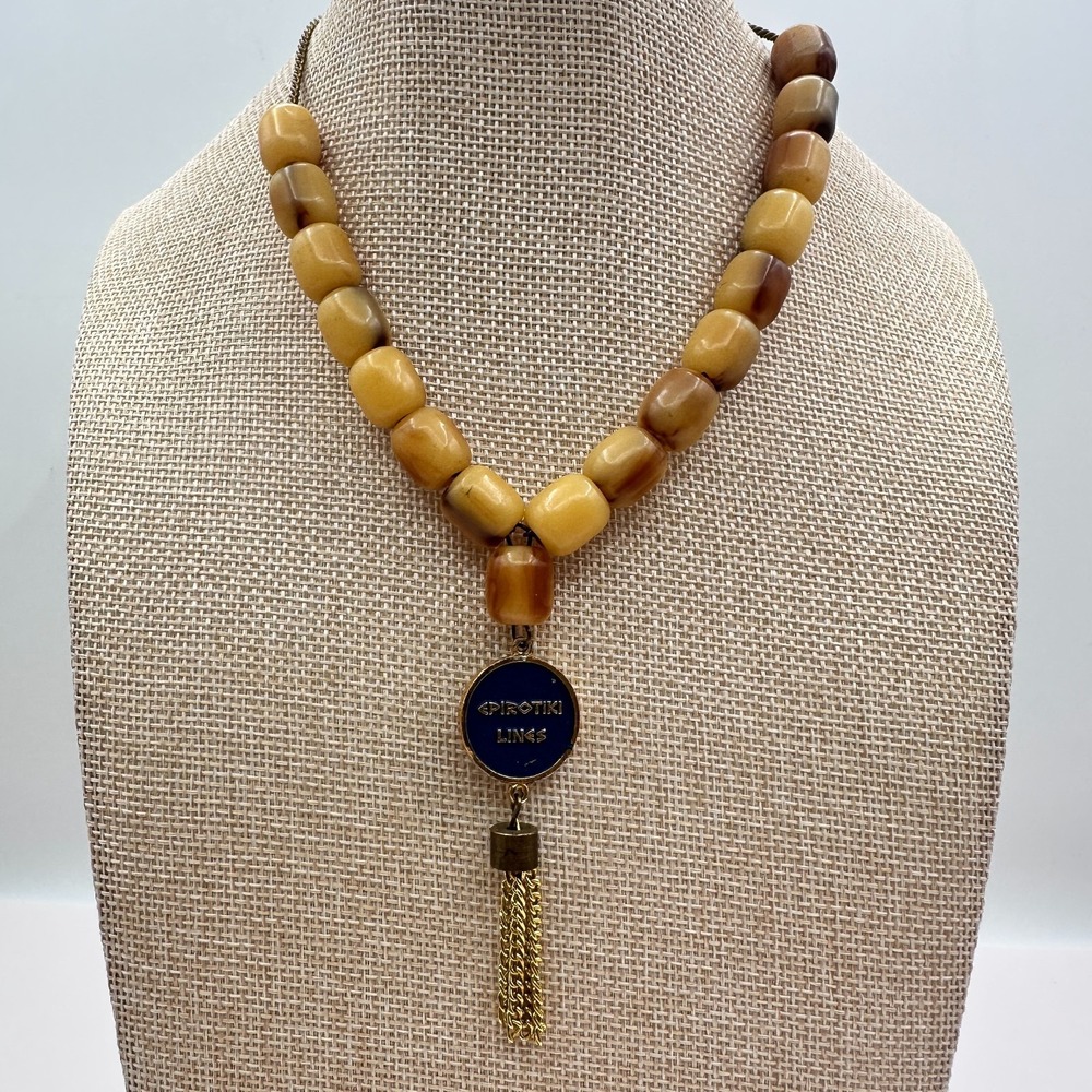 Vintage 80s Epirotiki Yellow Glass Tassel Greek Cruise Necklace